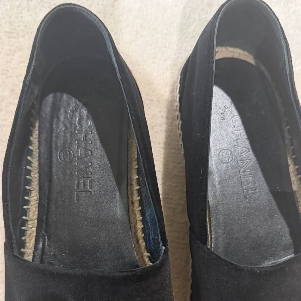 CHANEL Black Suede Espadrilles with Gold Lettering